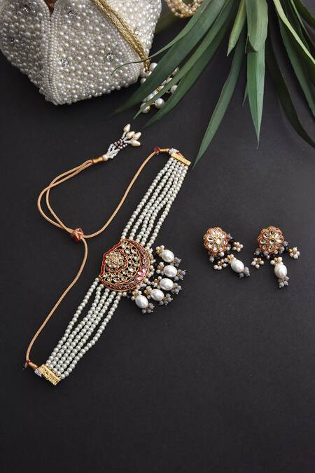 Buy_Swabhimann_Gold Plated Pearls, Gota Patti Kundan Floral Choker Set _Online_at_Aza_Fashions