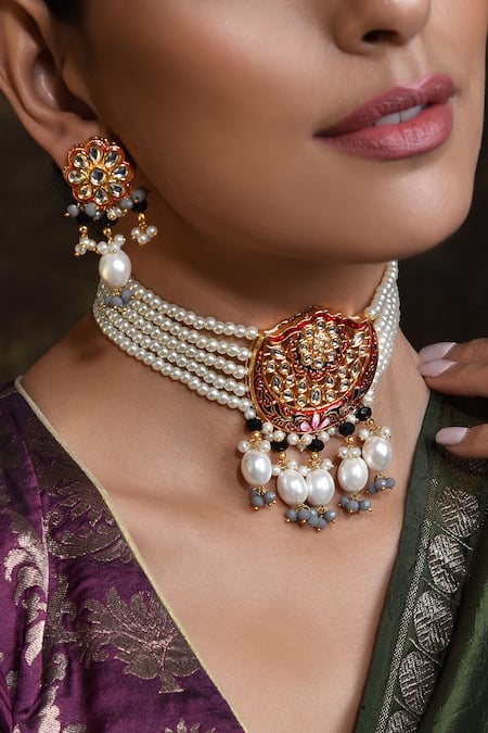 Shop_Swabhimann_Gold Plated Pearls, Gota Patti Kundan Floral Choker Set _Online_at_Aza_Fashions