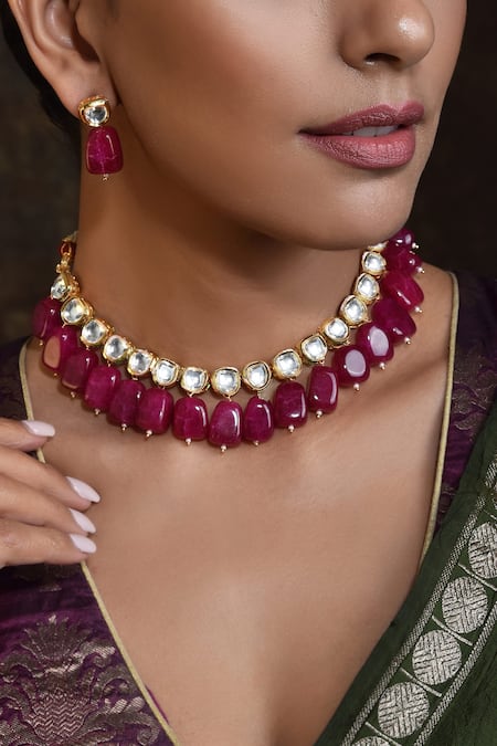 Shop_Swabhimann_Gold Plated Diamonds, Stones Drop Kundan Choker Set _Online_at_Aza_Fashions