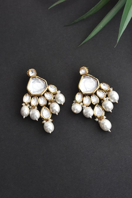 Swabhimann_Gold Plated Pearls, Diamonds Drop Earrings _Online_at_Aza_Fashions