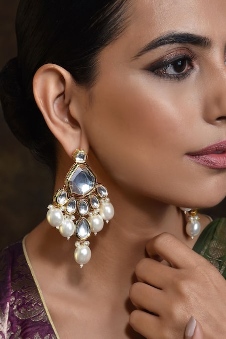 Shop_Swabhimann_Gold Plated Pearls, Diamonds Drop Earrings _Online_at_Aza_Fashions