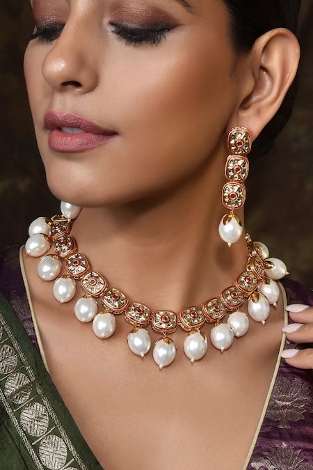 Shop_Swabhimann_Gold Plated Pearls Necklace Set _Online_at_Aza_Fashions