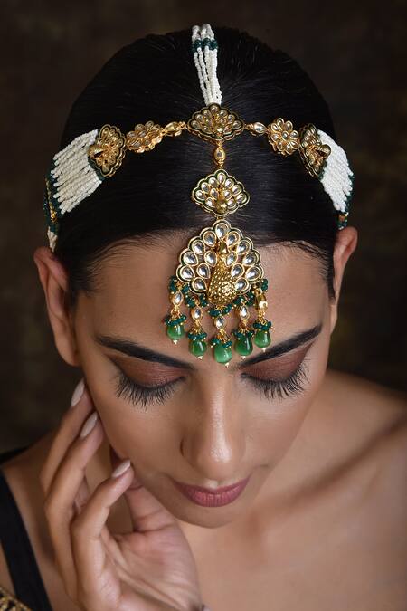 Swabhimann_Gold Plated Peacock Motif Kundan Mathapatti _Online_at_Aza_Fashions