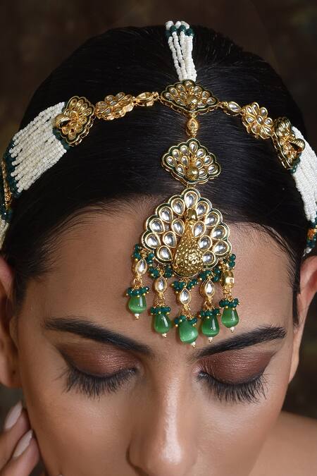 Buy_Swabhimann_Gold Plated Peacock Motif Kundan Mathapatti _Online_at_Aza_Fashions