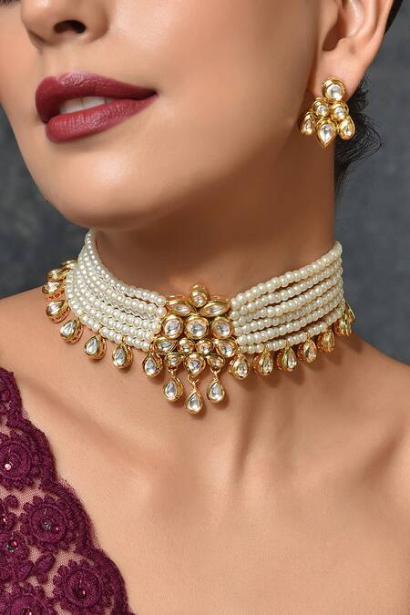 Shop_Swabhimann_Gold Plated Pearls Layered Choker Set _Online_at_Aza_Fashions