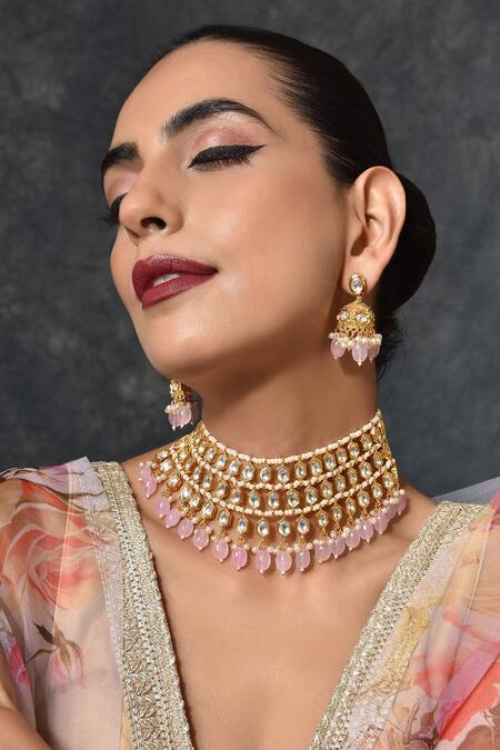Swabhimann_Gold Plated Pearls, Gota Patti Layered Kundan Choker Set _Online_at_Aza_Fashions