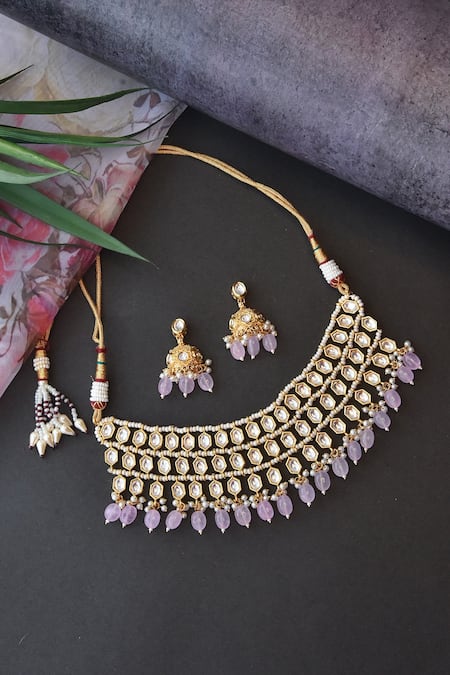 Buy_Swabhimann_Gold Plated Pearls, Gota Patti Layered Kundan Choker Set _Online_at_Aza_Fashions