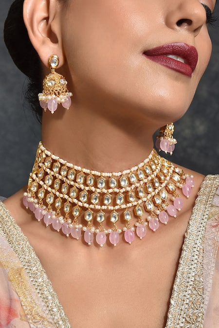 Shop_Swabhimann_Gold Plated Pearls, Gota Patti Layered Kundan Choker Set _Online_at_Aza_Fashions