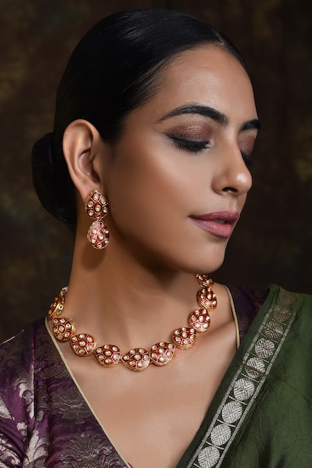 Swabhimann Gold Plated Diamonds, Stones Kundan Meenakari Necklace Set Online at Aza Fashions Swabhimann_Gold Plated Diamonds, Stones Kundan Meenakari Necklace Set _Online_at_Aza_Fashions