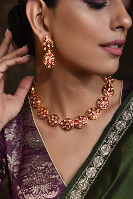Shop Swabhimann Gold Plated Diamonds, Stones Kundan Meenakari Necklace Set Online at Aza Fashions Shop_Swabhimann_Gold Plated Diamonds, Stones Kundan Meenakari Necklace Set _Online_at_Aza_Fashions