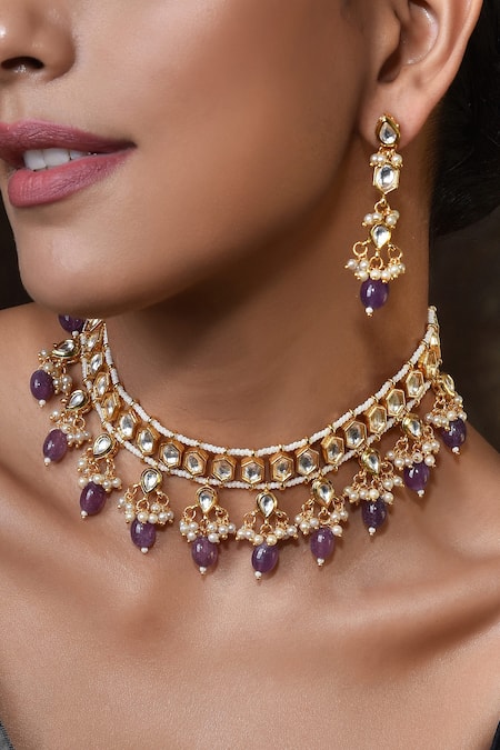 Shop_SWABHIMANN_Gold Plated Diamonds, Stones Kundan Studded Choker Set _Online_at_Aza_Fashions