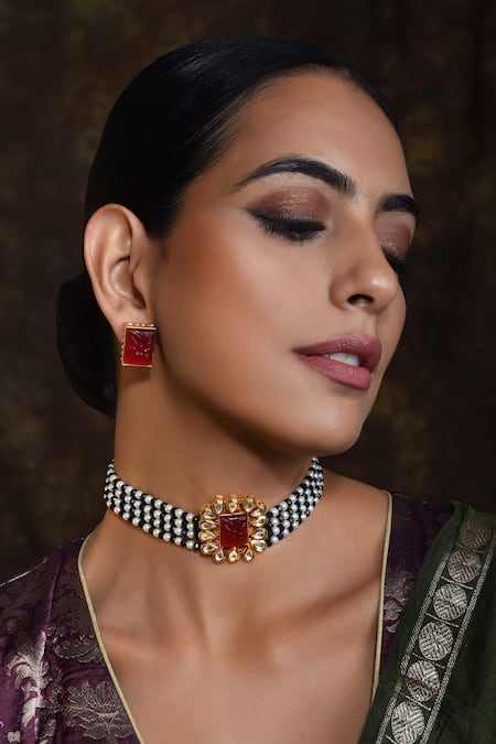 Swabhimann_Gold Plated Diamonds, Stones Layered Studded Choker Set _Online_at_Aza_Fashions