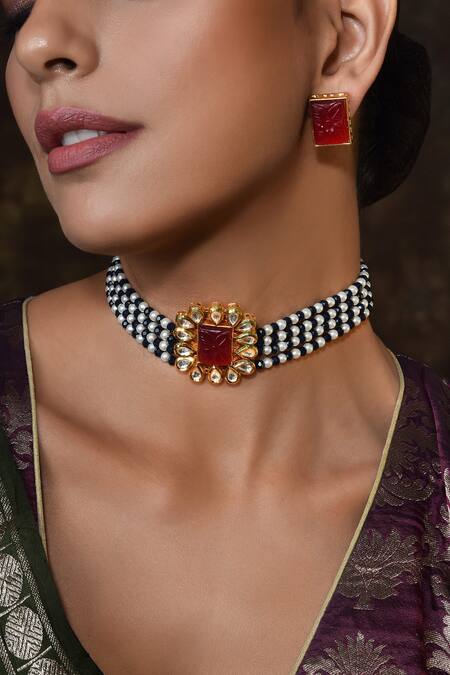 Shop_Swabhimann_Gold Plated Diamonds, Stones Layered Studded Choker Set _Online_at_Aza_Fashions