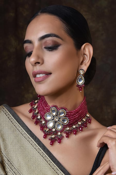 Swabhimann_Gold Plated Diamonds, Stones Floral Layered Choker Set _Online_at_Aza_Fashions
