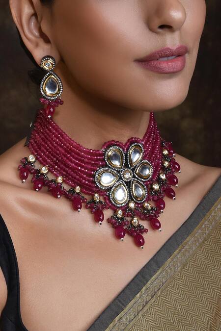Shop_Swabhimann_Gold Plated Diamonds, Stones Floral Layered Choker Set _Online_at_Aza_Fashions