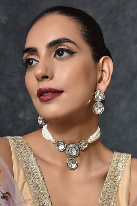 Buy_Swabhimann_White Imitation Diamonds Layered Polki Necklace Set _Online_at_Aza_Fashions