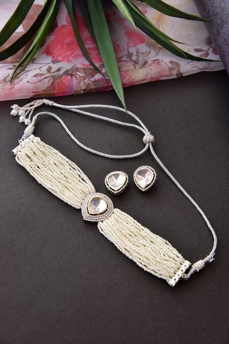 Buy_Swabhimann_White Imitation Diamonds Layered Polki Necklace Set _Online_at_Aza_Fashions