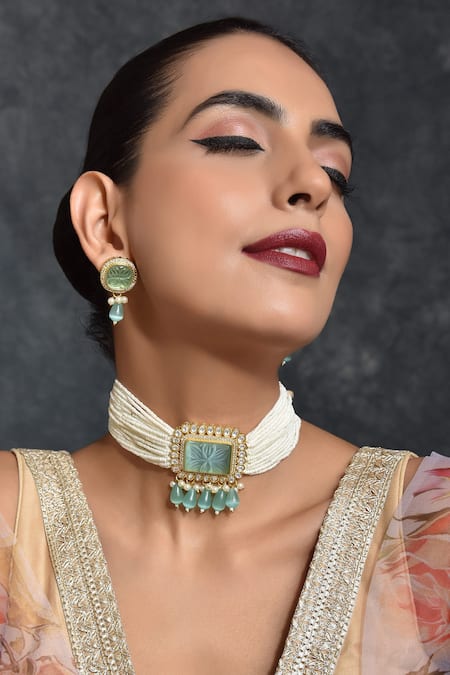 Swabhimann_Blue Stones Layered Pearl Choker Set _Online_at_Aza_Fashions