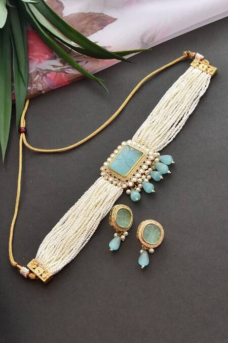 Buy_Swabhimann_Blue Stones Layered Pearl Choker Set _Online_at_Aza_Fashions