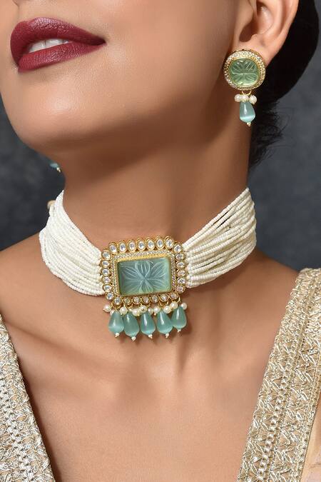 Shop_Swabhimann_Blue Stones Layered Pearl Choker Set _Online_at_Aza_Fashions