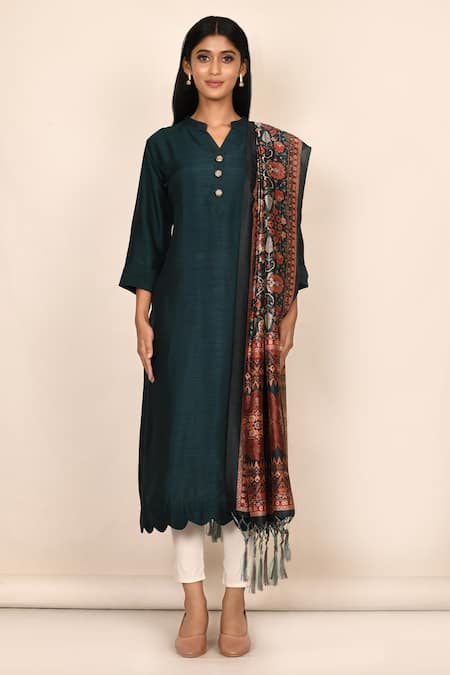 Shop Samyukta Singhania Blue Silk, Cotton Embroidery, Tassels Digital Print Kurta Set With Dupatta Online at Aza Fashions Shop_Samyukta Singhania_Blue Silk, Cotton Embroidery, Tassels Digital Print Kurta Set With Dupatta_Online_at_Aza_Fashions