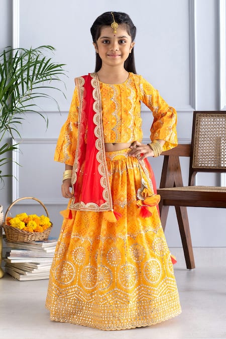 Buy Full Sets Ethnic Wear Girls Ethnic Festive Bandhani printed Net pleated  Sleevess Lehenga Choli with Dupatta- Blue Clothing for Girl Jollee