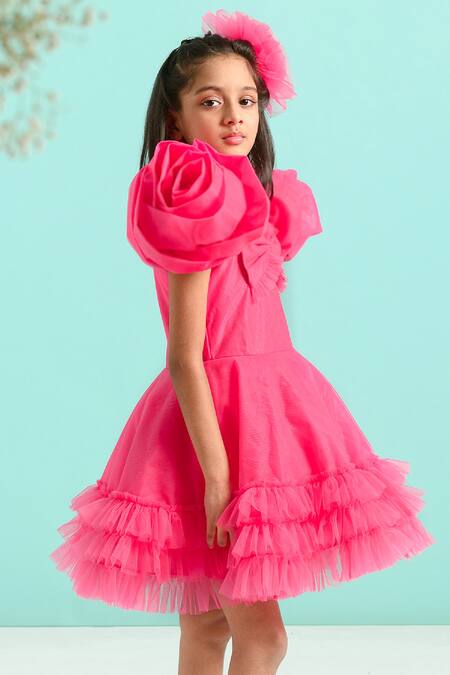 Free Sparrow_Pink Tulle Embroidered Thread Work Fairy Rose Puff Sleeve Dress_Online_at_Aza_Fashions