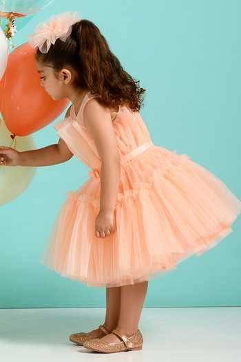 Buy_Free Sparrow_Peach Tulle, Crepe, Cotton Ruffles Pretty Me Dress _Online_at_Aza_Fashions