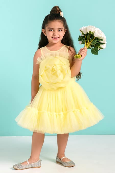 Free Sparrow Yellow Tulle Embroidered Ruffles 3d Floral Applique Dress