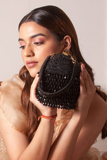 Shop Forever Noor Black Beads, Crystals Starry Roohi Bucket Bag at Aza Fashions Shop_Forever Noor_Black Beads, Crystals Starry Roohi Bucket Bag _at_Aza_Fashions