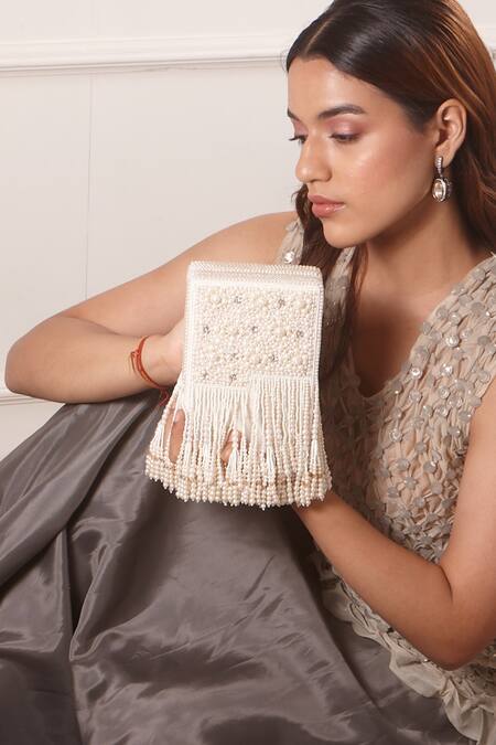 Shop Forever Noor White Beads, Tassels Embellished Box Bag at Aza Fashions Shop_Forever Noor_White Beads, Tassels Embellished Box Bag _at_Aza_Fashions