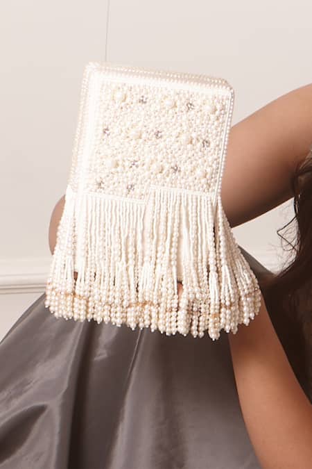 Forever Noor White Beads, Tassels Embellished Box Bag Online at Aza Fashions Forever Noor_White Beads, Tassels Embellished Box Bag _Online_at_Aza_Fashions