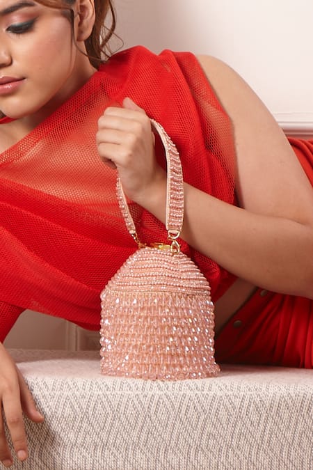 Forever Noor_Pink Beads, Crystals Starry Roohi Bucket Bag _Online_at_Aza_Fashions