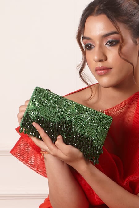 Forever Noor Green Beads, Crystals Suede Embellished Clutch Online at Aza Fashions Forever Noor_Green Beads, Crystals Suede Embellished Clutch _Online_at_Aza_Fashions