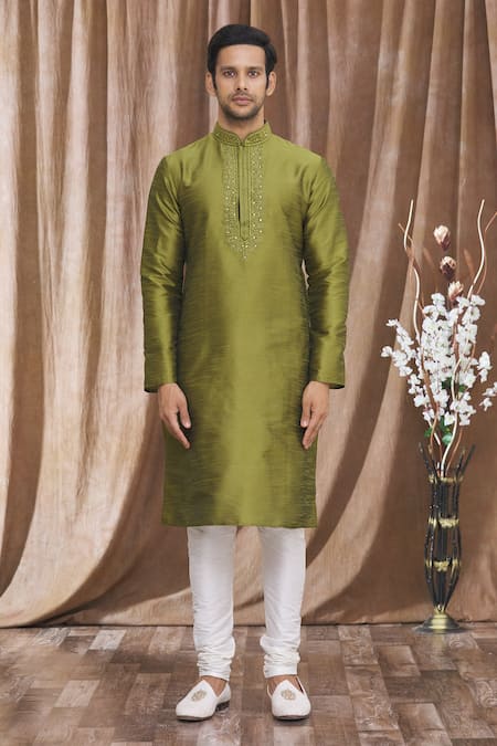 Arihant Rai Sinha_Green Silk Embroidery, Mirrors Banarasi Art Floral Kurta _Online_at_Aza_Fashions