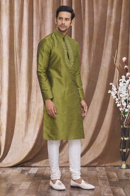 Buy_Arihant Rai Sinha_Green Silk Embroidery, Mirrors Banarasi Art Floral Kurta _Online_at_Aza_Fashions