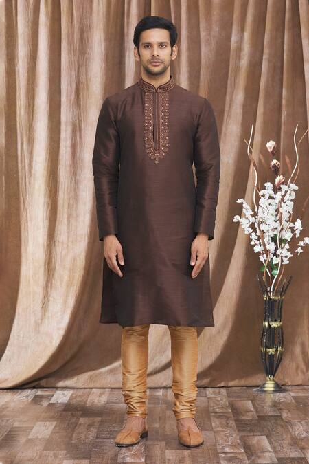 Arihant Rai Sinha_Brown Silk Embroidery, Mirrors Banarasi Work Placket Kurta _Online_at_Aza_Fashions