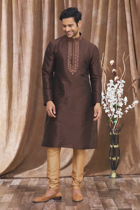 Buy_Arihant Rai Sinha_Brown Silk Embroidery, Mirrors Banarasi Work Placket Kurta _Online_at_Aza_Fashions