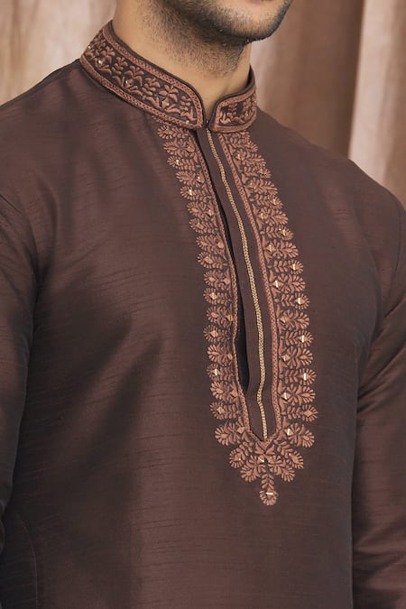 Shop_Arihant Rai Sinha_Brown Silk Embroidery, Mirrors Banarasi Work Placket Kurta _Online_at_Aza_Fashions