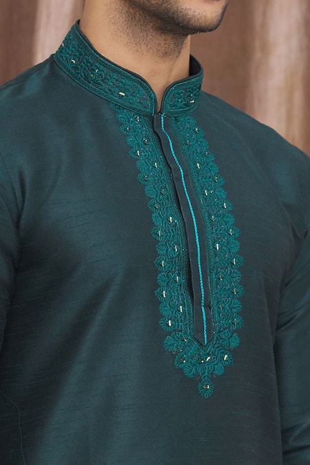 Shop Arihant Rai Sinha Green Silk Embroidery, Mirrors Floral Thread Straight Kurta Online at Aza Fashions Shop_Arihant Rai Sinha_Green Silk Embroidery, Mirrors Floral Thread Straight Kurta _Online_at_Aza_Fashions