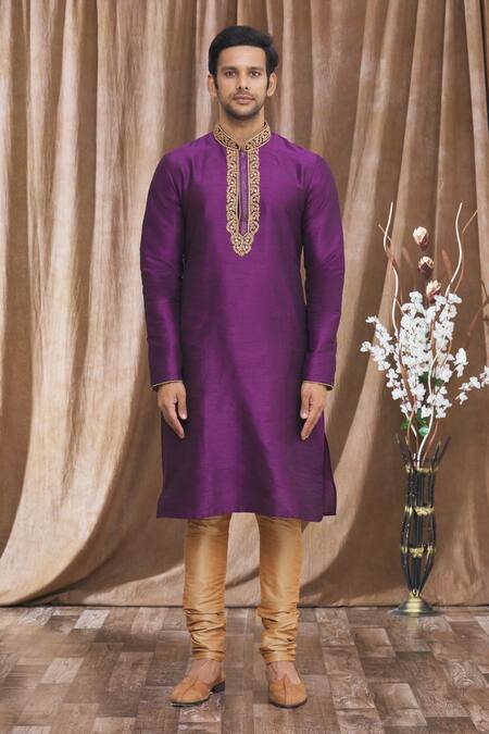 Arihant Rai Sinha_Purple Silk Embroidery, Mirrors Banarasi Thread Kurta_Online_at_Aza_Fashions