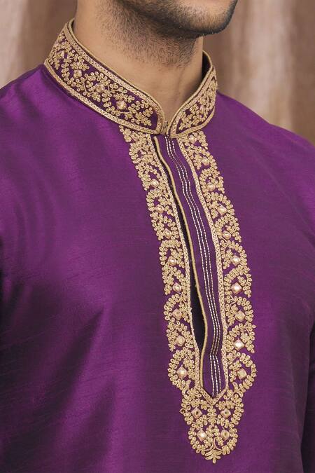 Shop_Arihant Rai Sinha_Purple Silk Embroidery, Mirrors Banarasi Thread Kurta_Online_at_Aza_Fashions