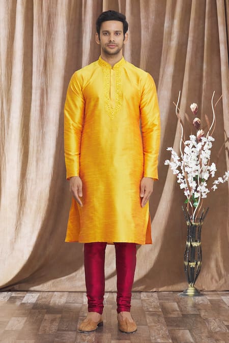 Arihant Rai Sinha_Orange Silk Embroidery Banarasi Thread Placket Kurta _Online_at_Aza_Fashions