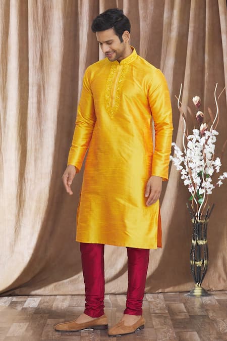 Buy_Arihant Rai Sinha_Orange Silk Embroidery Banarasi Thread Placket Kurta _Online_at_Aza_Fashions