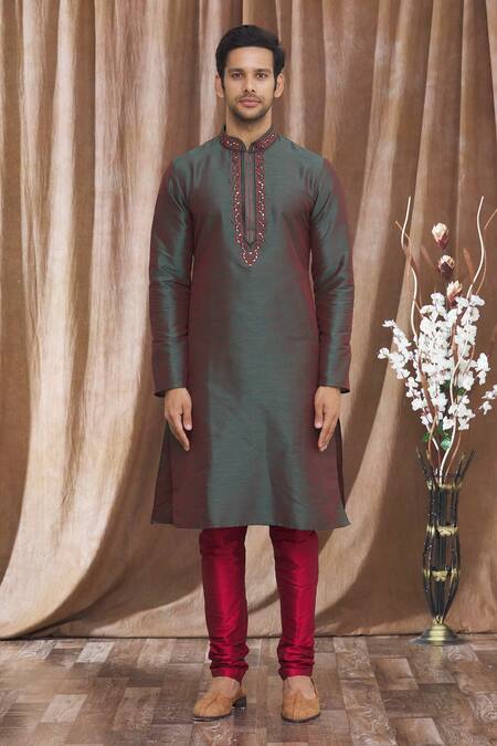 Arihant Rai Sinha Green Silk Embroidery, Mirrors Banarasi Mandarin Collar Kurta Online at Aza Fashions Arihant Rai Sinha_Green Silk Embroidery, Mirrors Banarasi Mandarin Collar Kurta_Online_at_Aza_Fashions