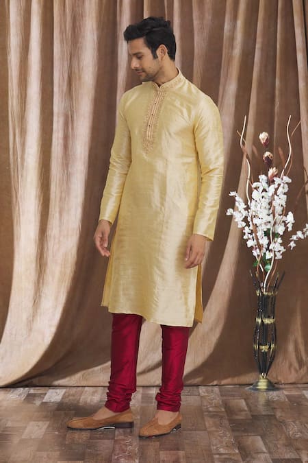 Buy_Arihant Rai Sinha_Gold Silk Embroidery Mirror Placket Straight Kurta _Online_at_Aza_Fashions