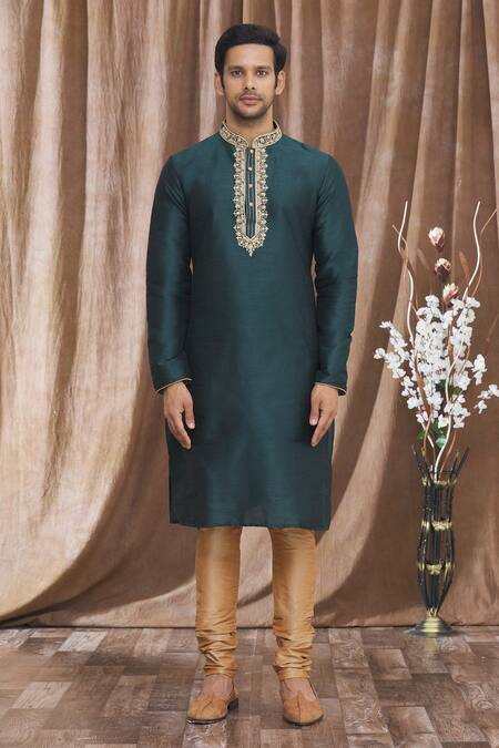 Arihant Rai Sinha_Green Silk Embroidery Banarasi Floral Thread Kurta _Online_at_Aza_Fashions
