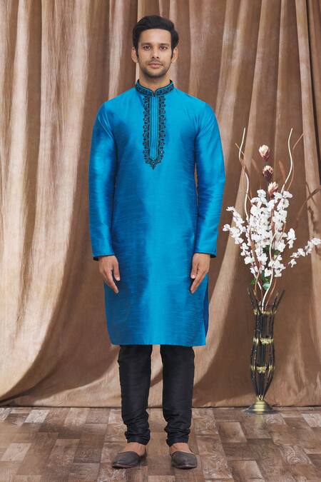 Arihant Rai Sinha_Blue Silk Embroidery Banarasi Floral Kurta _Online_at_Aza_Fashions