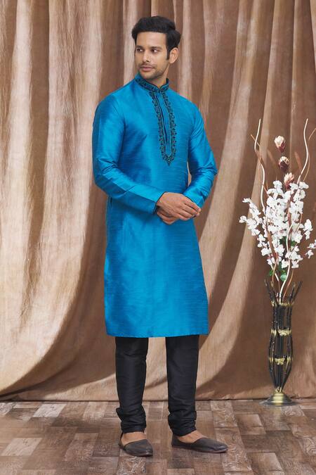 Buy_Arihant Rai Sinha_Blue Silk Embroidery Banarasi Floral Kurta _Online_at_Aza_Fashions