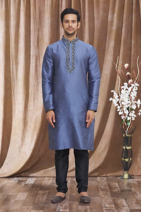 Arihant Rai Sinha_Grey Silk Mirrors, Embroidery Banarasi Art Kurta _Online_at_Aza_Fashions
